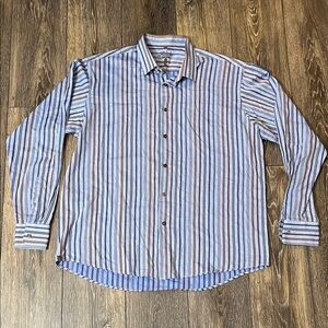 Luchiano Visconti Shirt Men's XL Blue Brown Button Up Striped Long Sleeve